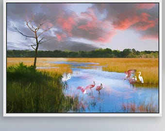 Impresión artística del atardecer en el pantano de Spoonbill: pintura de aves costeras