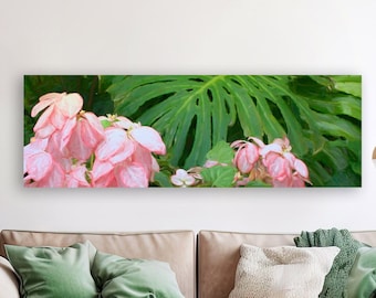 Green & Pink Tropical Panoramic art, Large Botanical Wall Art, Over Sofa or Bed, Tropical Island Decor, Gift,Framed /Unframed Prints /Canvas