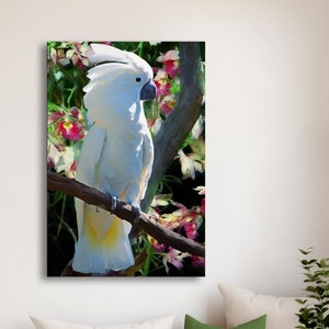 White Cockatoo, Cockatoo Art Print, White Bird Print, Orchids, Cockatoo lover gift, tropical art  decor, Framed/Unframed-Prints/Canvas