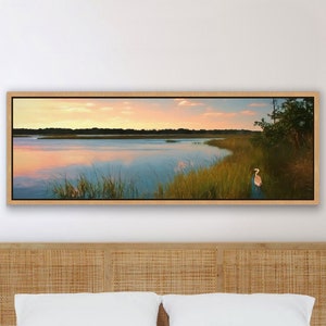 Marsh Sunset, Great Blue Heron, Saltmarsh, Large Panoramic Wall Art, Sofa Art, Bed Art, Coastal Decor Gift, Framed/Unframed Canvas or Print