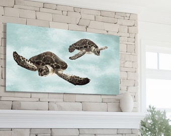 Sea Turtle Canvas Print: Seafoam Aqua Beach Coastal Art