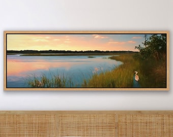 Marsh Sunset, Great Blue Heron, Saltmarsh, Large Panoramic Wall Art, Sofa Art, Bed Art, Coastal Decor Gift, Framed/Unframed Canvas or Print