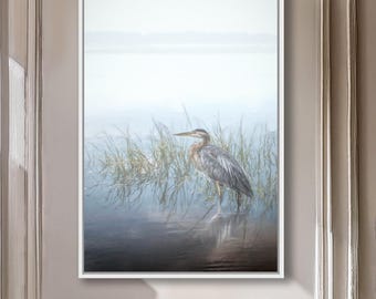 Arte de garza azul, garza en la niebla, niebla azul, impresión de garza en color neutro, arte clásico de aves costeras, con o sin marco: impresiones o lienzo