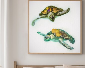 Sea Turtle Art Print: Coastal Beach Decor, Framed/Unframed Canvas