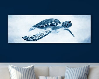 Pintura de tortuga marina azul: Impresión artística panorámica costera o lienzo