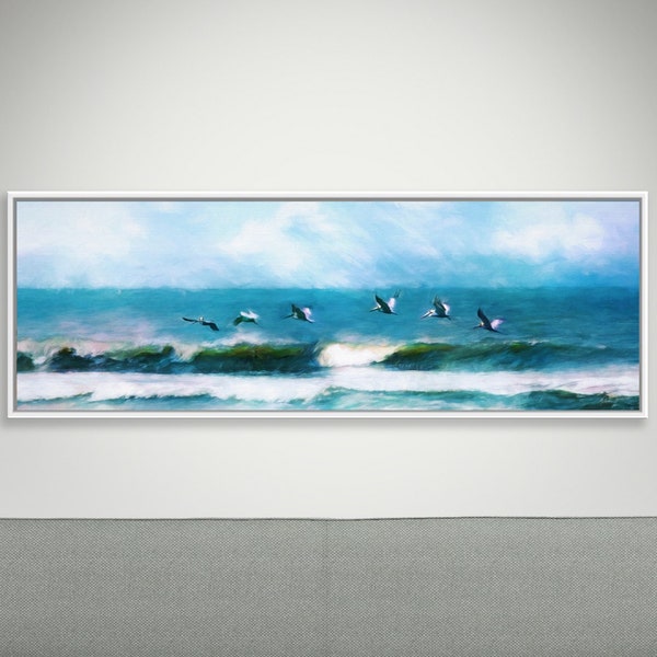 Ocean Waves Panoramic, Pelican Progression, Large Seascape Wall Art, Modern Coastal Beach Art, Blue Sofa Art, Framed/Unframed  Prints/Canvas