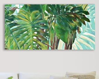 Arte de palmera monstera grande: Impresión en lienzo de isla tropical