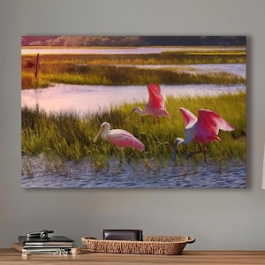 Spoonbill Marsh View, Tropical Birds, Roseate Spoonbills, Pink Bird Art, Coastal Decor, Spoonbill Lover Gift, Framed/Unframed Prints/Canvas