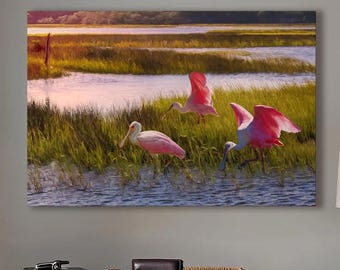 Impresión de espátula rosada: arte de aves tropicales, decoración costera