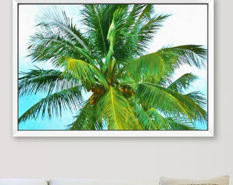 Impresión artística o lienzo de palmera turquesa: decoración costera de playa, con o sin marco.