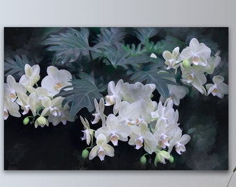 Floral Botanical Prints, Floral-scape, Large Flower Art Gift, White Orchids, Gray white green, Transitional, Framed/Unframed Prints/Canvas