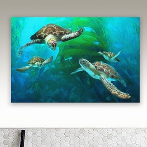 Sea Turtle Family, Sea Turtle Art, Sea Turtle Painting, Ocean Art Gift, Green Sea Turtle, Beach/Bath Decor, Framed or Unframed Prints/Canvas