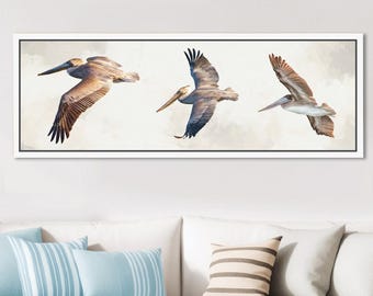 Impresión panorámica en lienzo de un pelícano: arte costero neutral en la playa