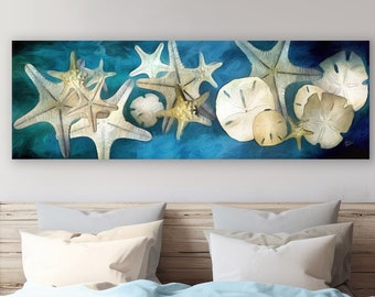 Sand Dollars & Starfish, Seashell Art, Island Decor, Bed-Sofa Art, Seashell Art Gift, Coastal Art Beach Decor, Framed/Unframed Canvas/Print,