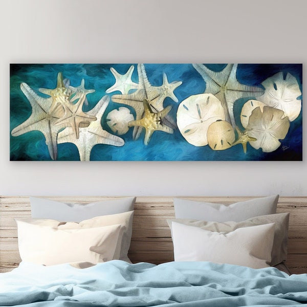 Sand Dollars & Starfish, Seashell Art, Island Decor, Bed-Sofa Art, Seashell Art Gift, Coastal Art Beach Decor, Framed/Unframed Canvas/Print,