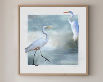 Egret Bird Art Print, White Tropical Birds, Water Bird, Wading Bird, Snowy Great Egret Painting, Bird Art Gift, Framed/Unframed Canvas/Print