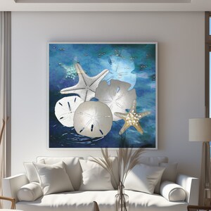 Sand dollar Starfish Art, Blue Beach Decor, Coastal Wall Art, Ocean Art, Seashell Art Gift, Square Art, Framed/Unframed Canvas or Art Print