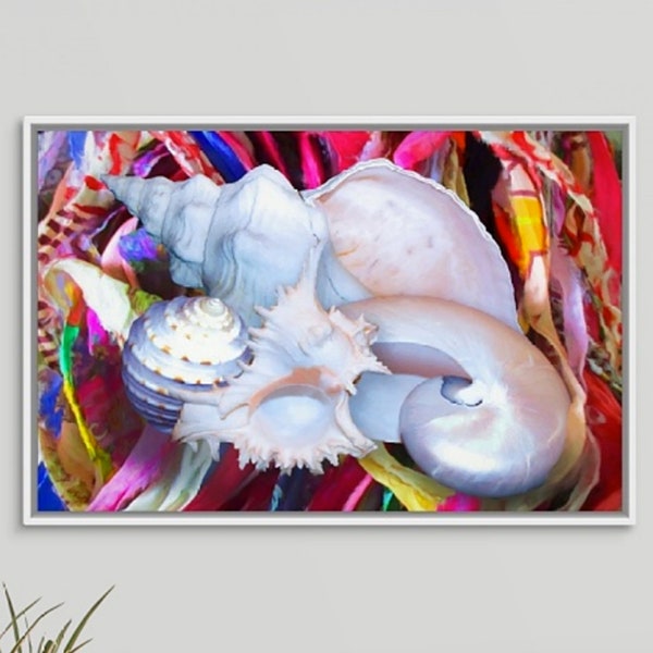 Seashell Art, Colorful Shell Painting, Nautilus Conch Painting, Beach Decor, Large Coastal Art, Framed or Unframed Canvas or Fine Art Print