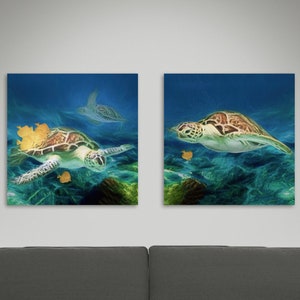 SET of TWO Sea Turtle Art, 20% Off, Large or Small, Coastal Gallery Wall, Blue Sea Turtle Paintings, Beach Decor, Ready to Hang Canvas Set