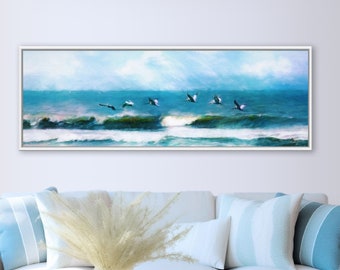 Ocean Pelican Painting, Beach House Art, Large Seascape Wall Art, Modern Coastal Wall Decor, Ocean Lover Gift, Framed/Unframed-Prints/Canvas