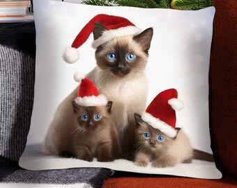 Christmas Tabby Cats and Kittens Pillow, Holiday Home, Santa Hat Pillow