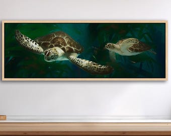 Impresión o lienzo de tortuga marina: arte costero de playa en verde azulado, panorámico, con o sin marco.