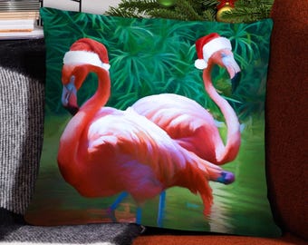 Tropical Flamingo Christmas Pillow, Flamingos in Santa Hats