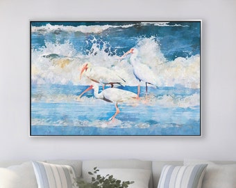 White Ibis Art, Modern Coastal, Ibis Painting, Beach House Art, Coastal Bird Print, Coastal Gift, Ocean Art, Framed/Unframed print or canvas