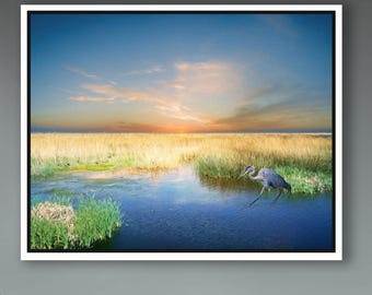 Impresión de garza al amanecer en el pantano: espectacular arte mural costero, impresión o lienzo