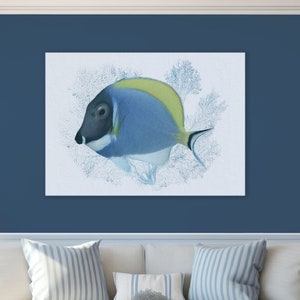 Blue Coastal Tropical Home, Blue Fish, Unique Beach House Art, Blue & White, Modern Beach Coastal Decor Art, Framed/Unframed-Prints/Canvas
