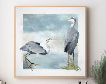 Great Blue Herons Painting, Blue Heron Art,  Heron Art Gift, Blue Heron Print, Birds Coastal Art, Framed/Unframed Canvas or Fine Art Print