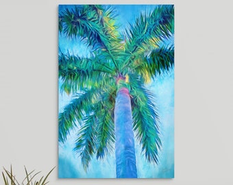 Lámina artística de palmera azul: decoración tropical de playa para el hogar