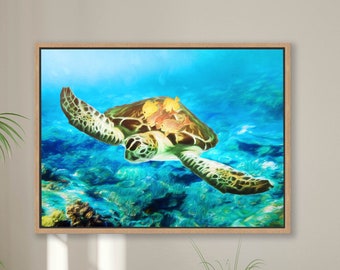 Sea Turtle Art Print: Ocean Reef Painting, Beach Bath Decor