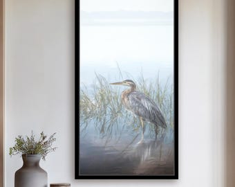 Arte de pantano de garza azul grande, tamaños verticales altos, niebla de garza, arte clásico de aves costeras, casa de playa, impresiones o lienzos enmarcados o sin enmarcar