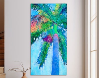 Impresión artística de palmera vertical: decoración tropical azul, arte de pared playero