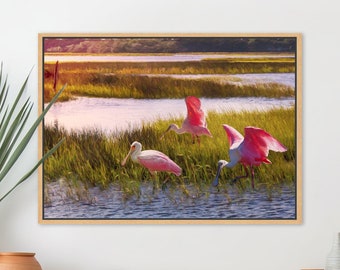 Spoonbill Marsh View, Tropical Birds, Roseate Spoonbills, Pink Bird Art, Coastal Decor, Spoonbill Lover Gift, Framed/Unframed Prints/Canvas