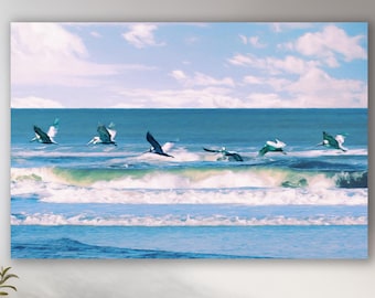 Pelican Ocean Waves Coastal Wall Art, Print or Canvas