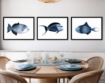 Conjunto de tres lienzos de arte de peces costeros: índigo y azul marino