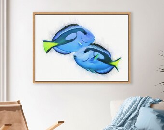Modern Coastal Wall Decor, Marine Animals, Beach House Art, Blue Fish Painting, Blue Tangs, Fish Print Gift,Framed or Unframed Prints/Canvas