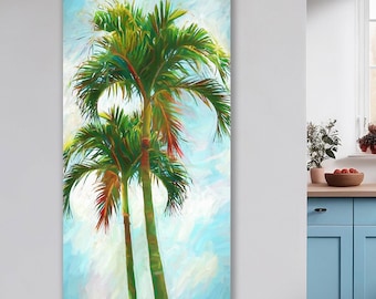 May include: A vertical canvas print featuring two palm trees against a light blue, impressionistic sky. The palm fronds are green with red accents, and the trunks are a muted green. The artwork evokes a tropical theme.