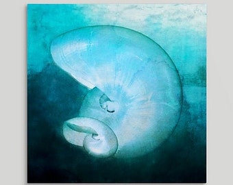 Nautilus Art, Teal Blue Beach Decor, Square Art, Ocean Art, Seashell Painting, Coastal Art, Square Framed/Unframed Canvas or Fine Art Print