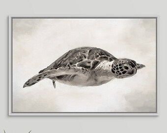 Sepia Sea Turtle Art Print: Beach House Decor, Ocean Drawing