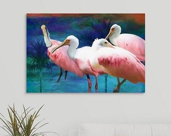 Roseate Spoonbills, Tropical Birds, Canvas Art, Pink Birds, Coastal Decor Canvas, Canvas Beach Art, Framed/Unframed Prints/Canvas