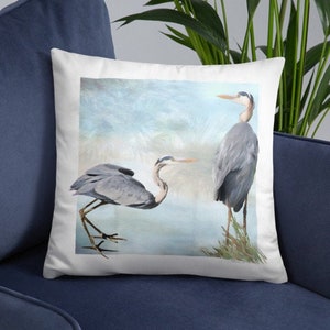 Art Pillow,  Bird Art Pillow, Great Blue Herons, Gift for Bird Lover, Tropical Decor, Coastal Decor Gift, Throw Pillow, Decorative Pillow