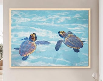 Impresión artística o lienzo de cría de tortuga marina: decoración de playa costera, opciones con o sin marco