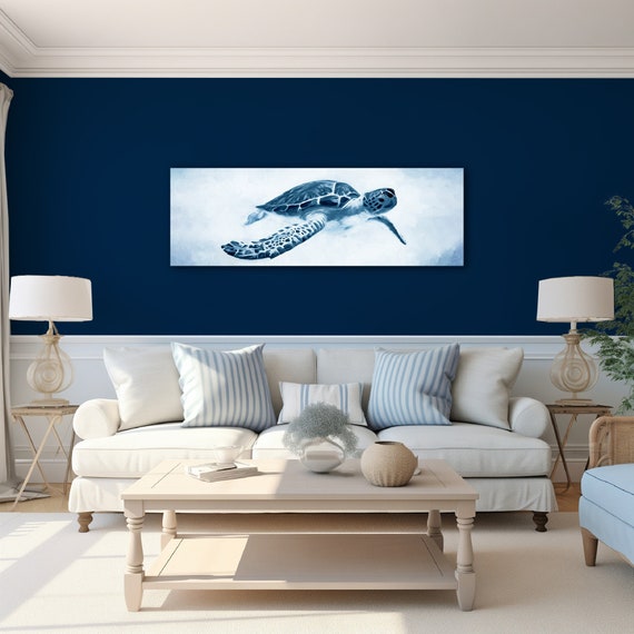 Blue Sea Turtle Painting: Coastal Panoramic Art Print or Canvas