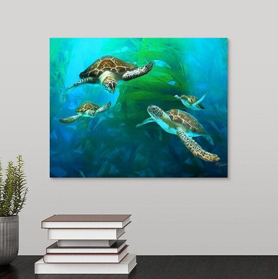 Bathroom Wall Decor Ocean Sea Wall Art Green Turtle Pictures Artwork Painting