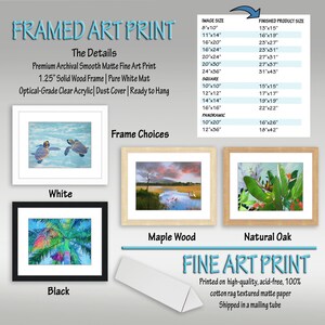 May include: A framed art print product guide featuring a table of image sizes from 8x10 to 24x36 inches and finished product sizes. It displays four frame color options: white, black, maple wood, and natural oak, with details on materials.