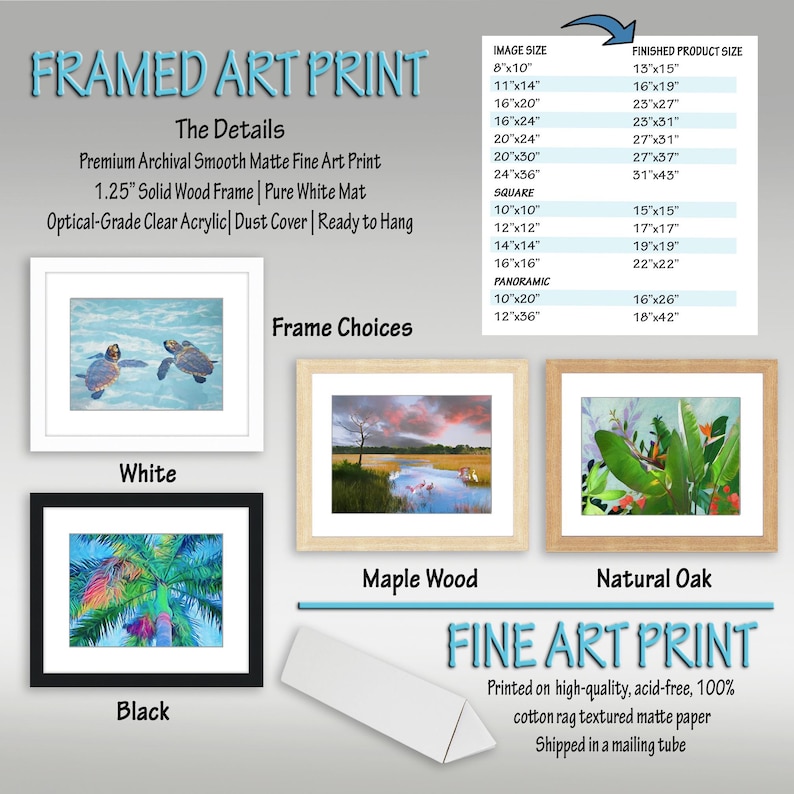 May include: A framed art print product guide featuring a table of image sizes from 8x10 to 24x36 inches and finished product sizes. It displays four frame color options: white, black, maple wood, and natural oak, with details on materials.
