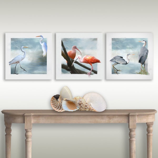 SALE! SET of THREE Shorebirds, 20-25% Off, Coastal Gallery Wall, Egrets, Scarlet Ibis, Blue Heron, Beach Decor, Bird Painting, Ready to Hang